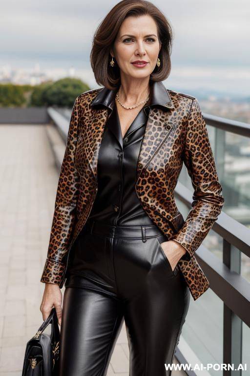 leopard pattern leather coat, black leather trousers, high resolution picture, very detailled face, highly closed blouse, on a sunny terrace - #main