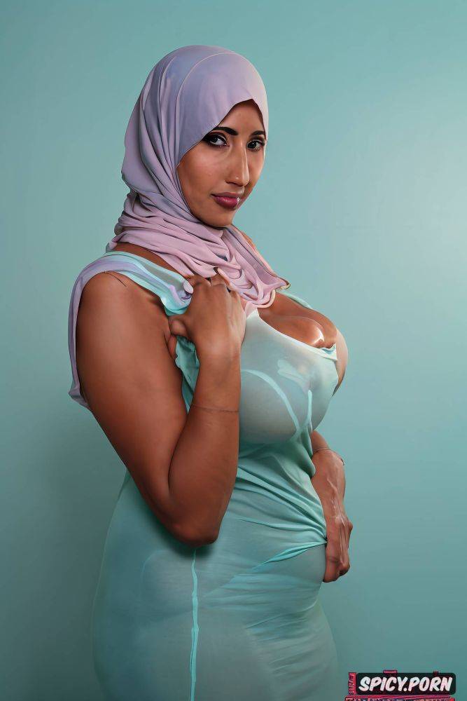 stunning middle east lady, hijab, very large breast, solid pastel color background - #main