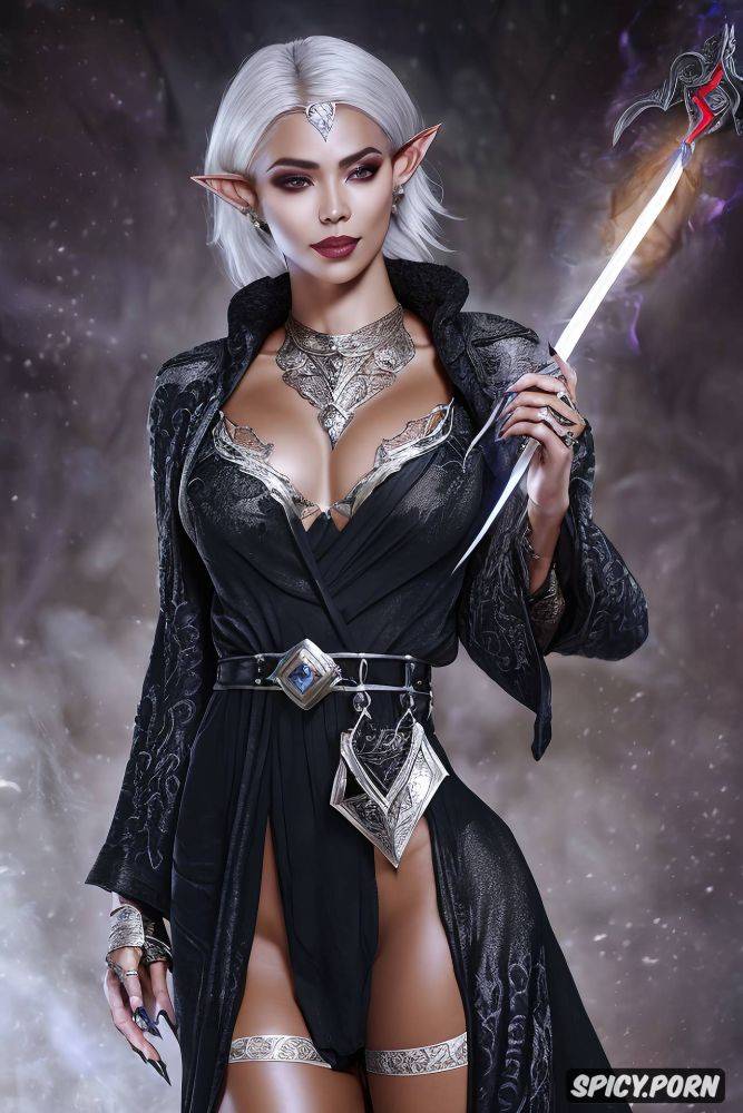 fantasy female elf sorcerer dragon age beautiful face ebony skin silver hair full body shot - #main