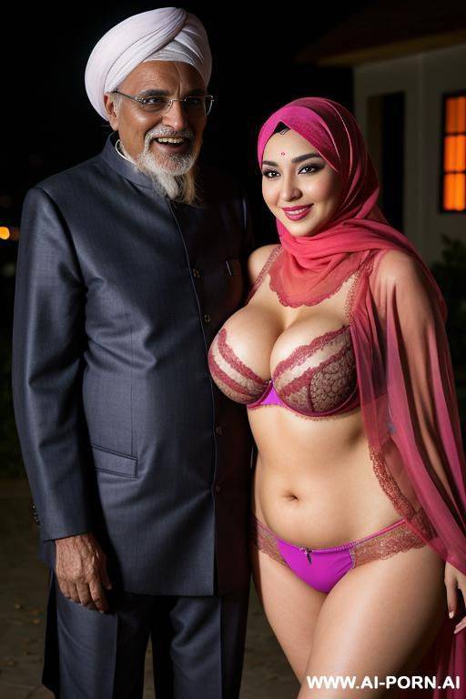 smiling curvy busty russian wife wearing hijab and colored lingerie standing and hugged from indian old man in night - #main