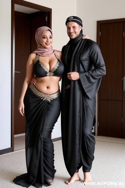 smiling curvy busty swedish wife wearing hijab and black saree revealing body undress topless and bottomless standing and hugged from scandinavian man - #main