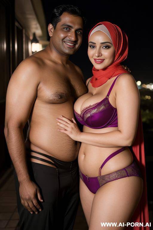 smiling curvy busty russian wife wearing hijab and colored lingerie standing and hugged from indian man in night - #main