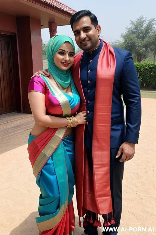 smiling curvy busty russian wife wearing hijab and colored saree revealing body standing and hugged from indian man - #main