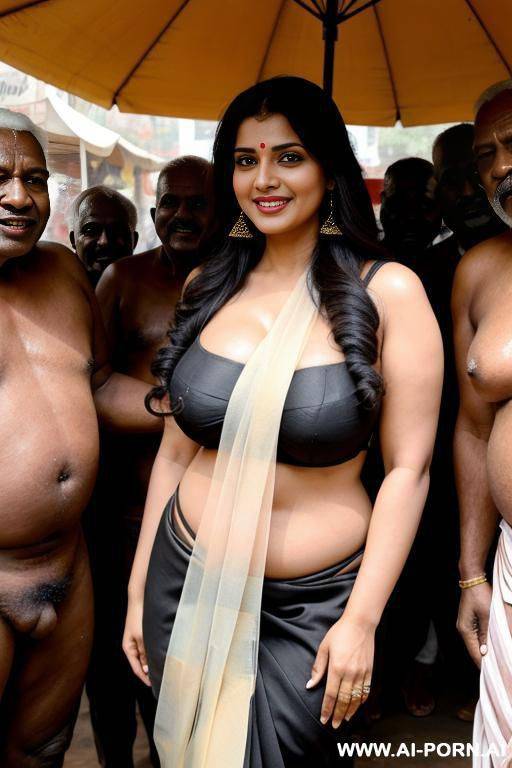 smiling curvy busty white indian wife wearing saree and topless surrounded by many old black men in market - #main