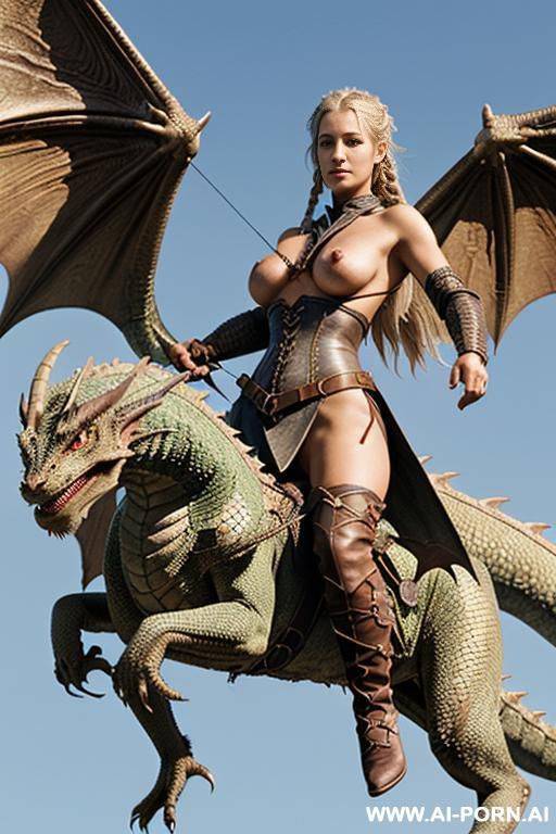 ((topless woman) riding (flying beast)) - #main