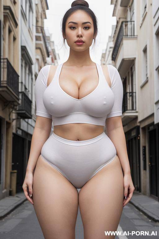 (((giantess))), ((standing spread legged on two streets over the buildings)), light & pallid skin, (opened cap-sleeve t-shirt), (white skin & pallid), round face, (pretty arms), (compact hair-bun), - #main