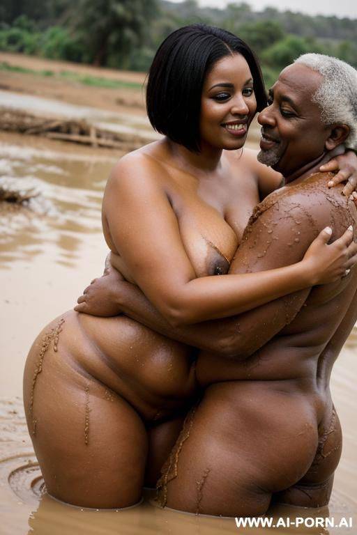 smiling curvy busty white egyptian wife with messy short hair standing fully naked hugged from old black man in mud lake - #main