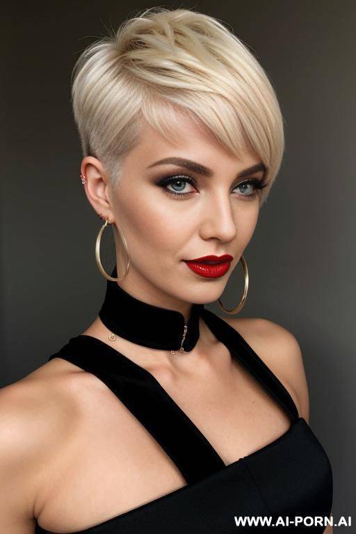 sassy dame in short black dress with blonde pixie haircut, red lips and earring hoops - #main