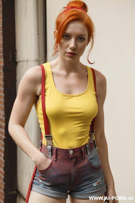 ((red suspenders)), ((short yellow tank top)), ((short yellow tank top under the red suspenders)), (( red suspenders top of the short yellow tank top)) red hair, ((short blue short jeans)) - #main