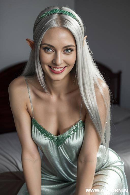 elf woman eye contact green nightgown silver hairband - #main