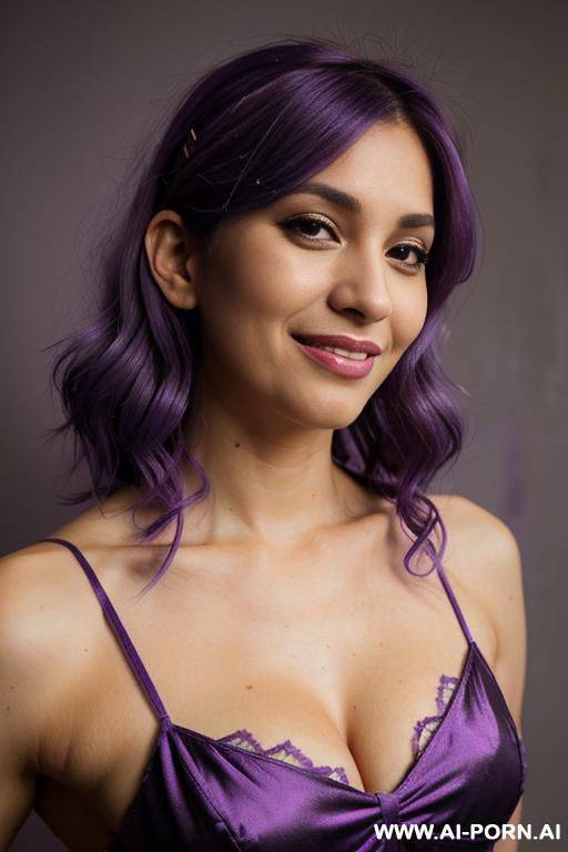 elaborate flowing purple hair, bridal dress, pleading grin, short, casual look, detailed eyes, tanned, mature face, - #main