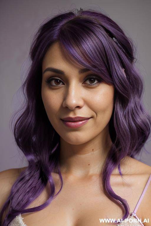 elaborate flowing purple hair, bridal dress, pleading grin, short, casual look, detailed eyes, tanned, - #main