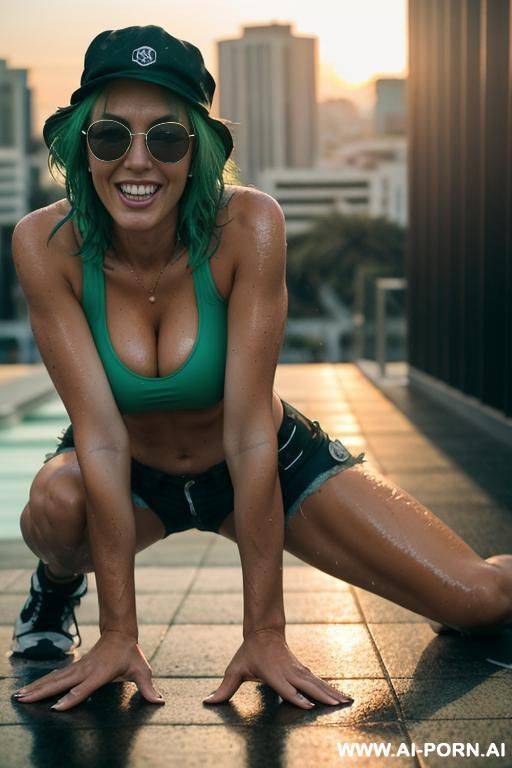 mom, spanish , punk, fit ,sunglasses, boobs, tight shorts, white cap, neckline t-shirt green, wet hair ,wet skin ,roof , sunset - #main