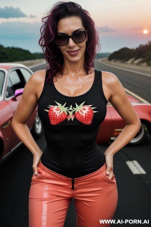 mom, spanish , punk, fit ,sunglasses, boobs, mechanic suit, neckline t-shirt fluorescent, wet hair ,skin wet ,eat strawberry ,road, sunset - #main