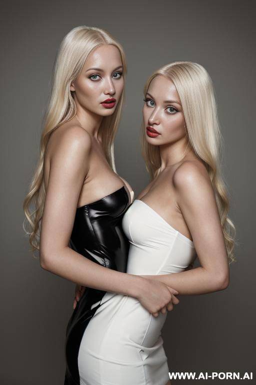 photograph by hasselblad camera, a 1-year-old conjoined twins womans, white skin, beautiful face, wearing black cupless micro dress, long light blonde hair, realism - #main