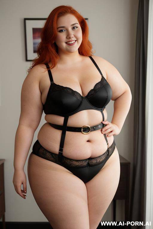 full body photo shot, about at elegant art gallery, fat bbw curvy with love handless and tummy, she is 20 years old, wearing a sexy and hot red gartert belt lingeries. - #main