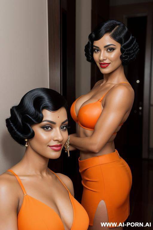 indians, short hair, abs, fit, muscles, navel piercing, orange bra, orange skirt, tall, full body, stiletto, view from distance, looking at camera, 2 women next to each other - #main