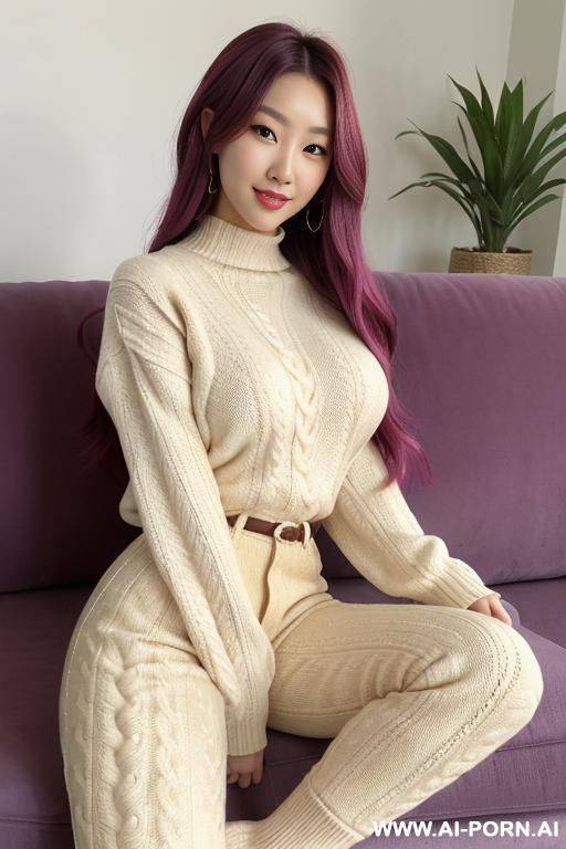 half-japanese and half-korean and 15cm tall, wearing a cream-colored cable-knit sweater, a matching cream-colored corduroy pants which accentuatets her slender legs and a pair of plush socks. her - #main