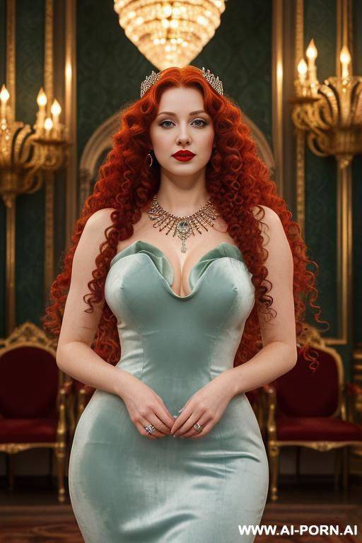 _wearing diamond crown, topless, pretty boobs, light blue eyes, diamond necklace, (white pallid skin), (ghastly pallid skin), red lips, ((very long big curly soft fluffy hair, full-bodied curly hair)) - #main