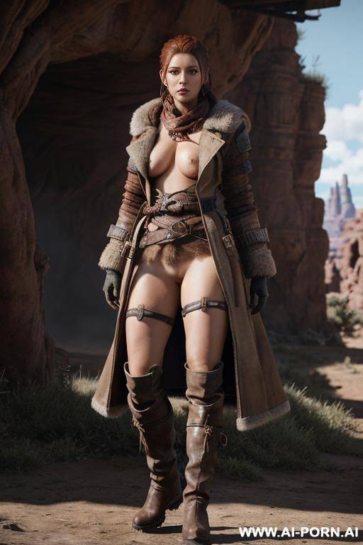 aloy, horizon zero daw, realistic photo game ,same face as character the game, big breasts, hard niplees, s in the face, nude only long open coat, full body view, very hairy pussy, realistic - #main