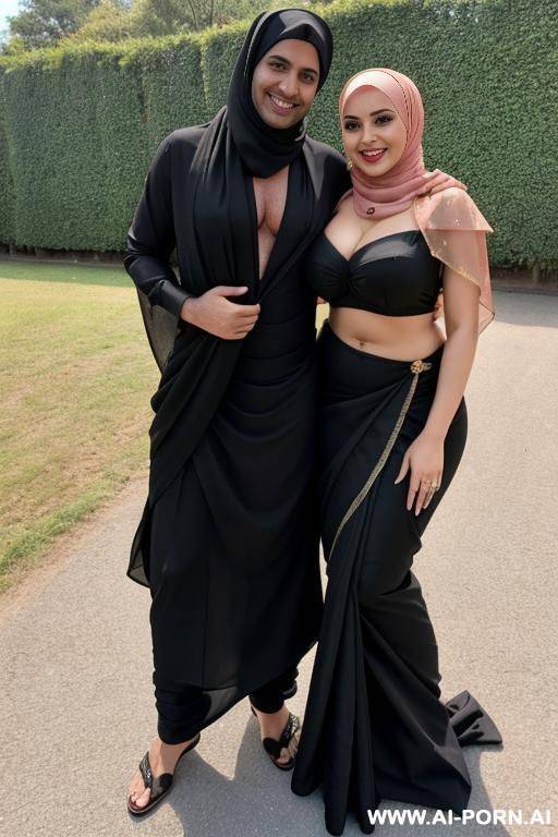 smiling curvy busty swedish wife wearing hijab and black saree revealing body undress topless and bottomless standing and hugged from scandinavian man - #main