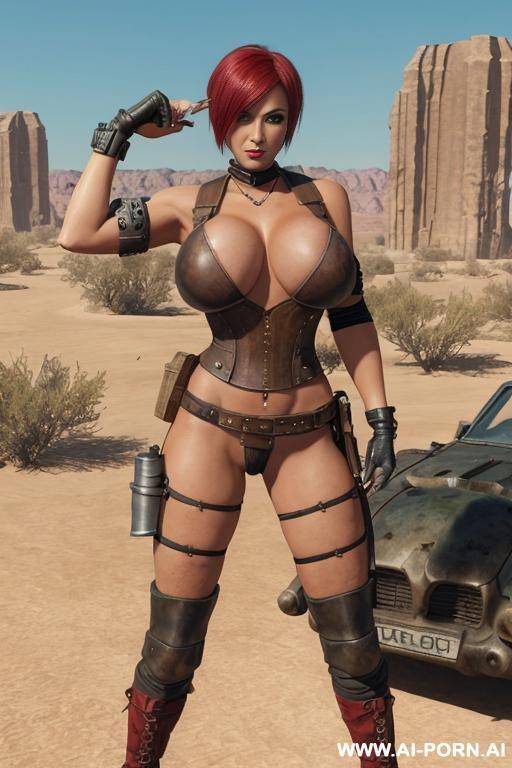 mature woman. toned. tanned. bracelet, thigh chain. anklet. high heels. red and black punk hairstyle. bulging veiny tits. leather shoulder pad. mad max. fallout. ruined city in background. - #main