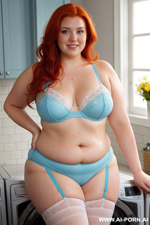 half-length photo, as a setting in the laundry area, a fat chubby fat thick and bbw redhead british, she is washing clothes and is soaked in foamy water. she has lovehandless and a soft - #main