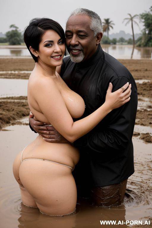 smiling curvy busty white egyptian wife with messy short hair standing fully naked hugged from old black man in mud lake - #main