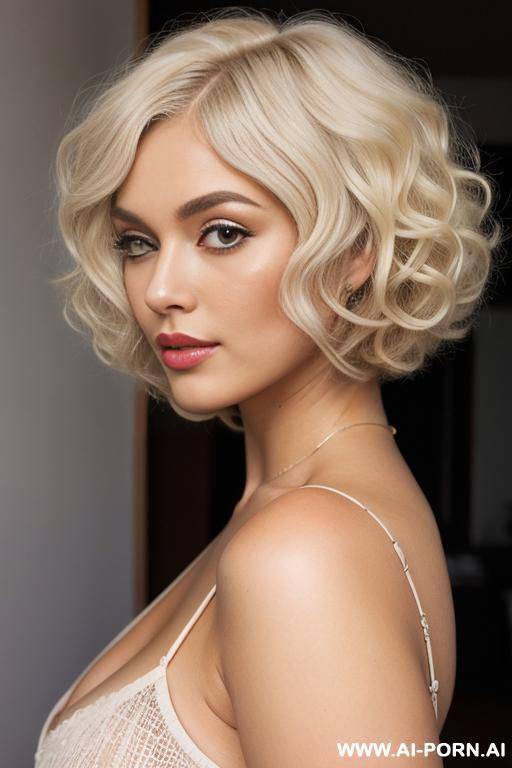 attractive fluffy wide thick full-bodied curls, thick wide fluffy voluminous platinum blonde curly bob haircut, wide curly bobcut hair, blonde french japanese pin-up model photoshoot, big sexy curly hair - #main