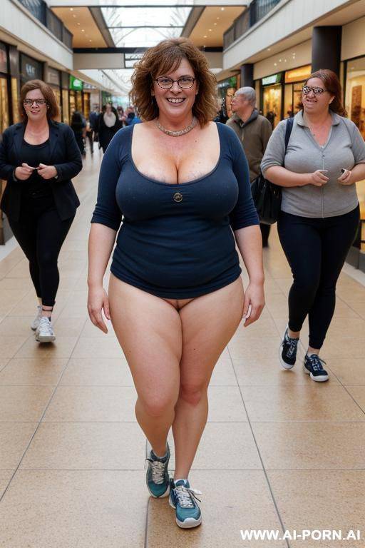 naked fat milf walking nude in (sneakers) in crowded mall. bowtie and collar. smiling. sneakers. - #main