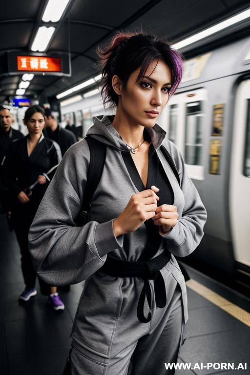 in a smug pose, her head is round, her facial expression is crazy, her eyes are purple with touches of pink, they are also large and wide open, she is a martial artist, she wears a - #main