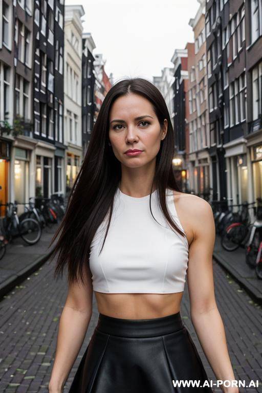 woman, athletic, normal breast, long hair, selfie, walk on red light street amsterdam, extremely micro black skirt, extremely micro white crop top, - #main