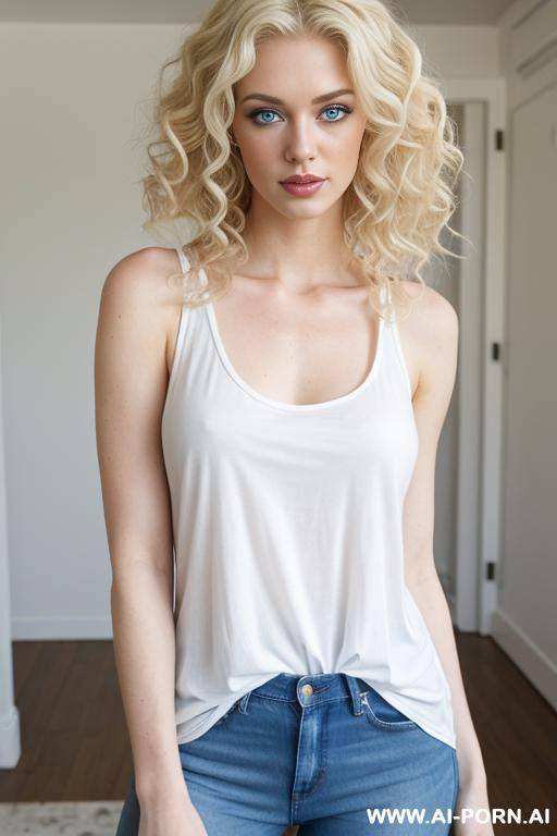 blond. curly. blue eyes. pale white skin. jeans. white tank top - #main