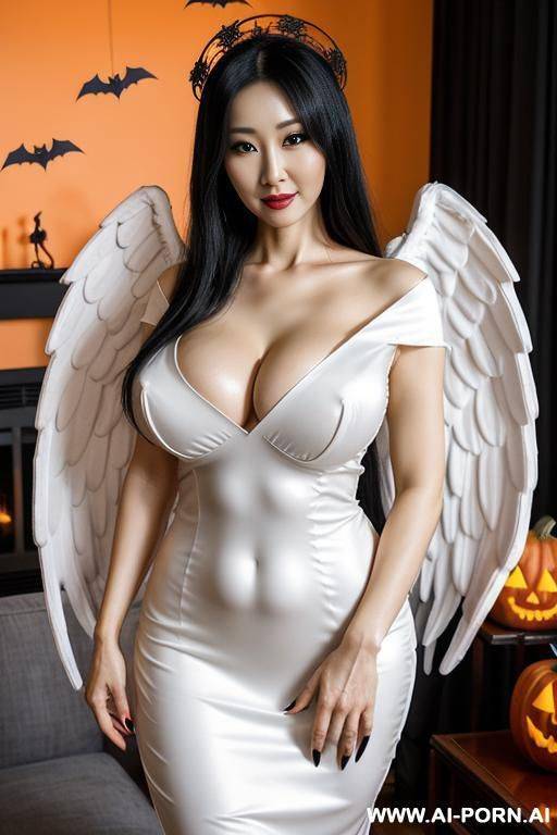 standing in living room, halloween decor, halloween theme living room, pretty face, straight black hair, milf, mature woman, dressed slutty white angel costume, photo realistic, high face detail, angel wings behind her, - #main