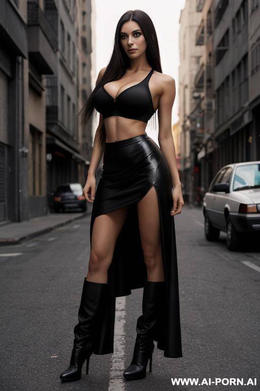 woman, athletic, extremely enormous breast, long hair, night city ghetto, micro black skirt, micro black crop top, - #main