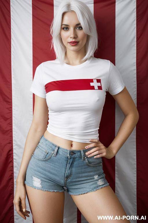 woman, t-shirt, denmark flag, shorts, denmark flag, denmark flag in the background - #main