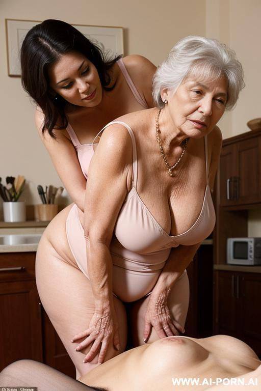 a grandmother is bent over kneading while her tutor approaches her from behind groping her breasts and leaning on her buttocks - #main