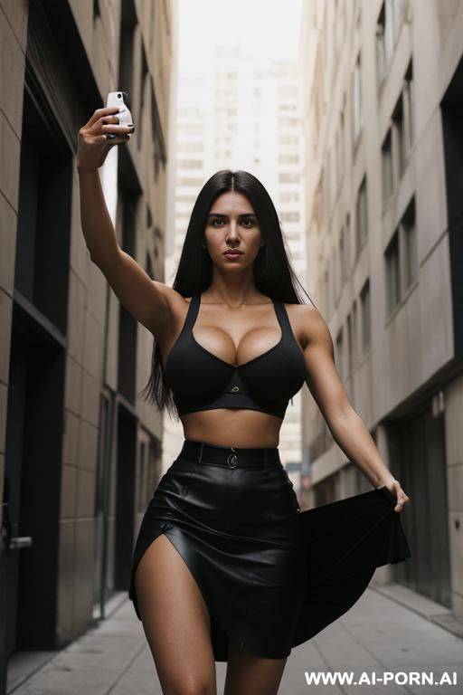 woman, very athletic, massive breast, long hair, night city ghetto, at the bottom of the building, very black skirt, very black crop top, selfie, - #main