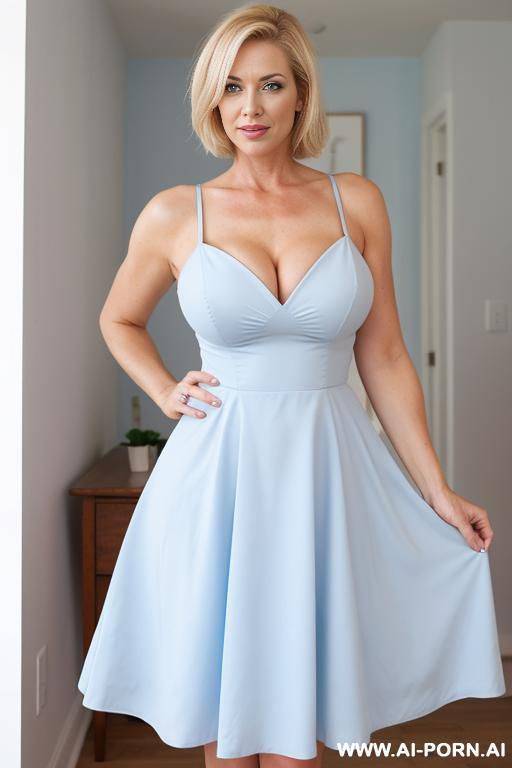 mature, blonde, short hair with big breast in a short light blue dress - #main