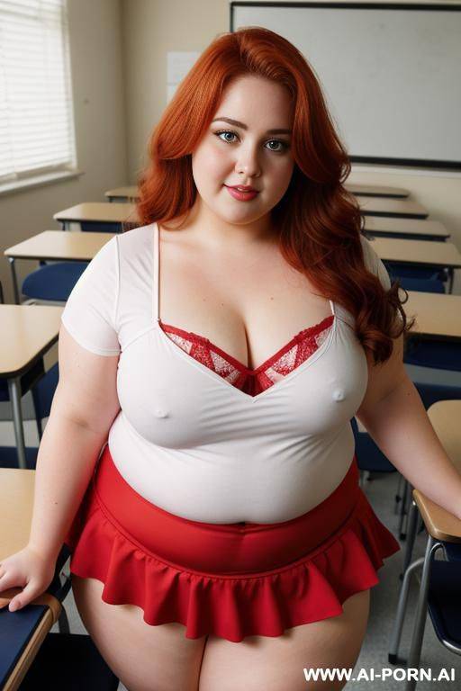 full body photo shot, about at classroom, so chubby and so fat bbw curvy teacher, wearing a sexy and hot micro red ruffle microskirt and elegant micro garter belt top, speaking to the classroom. - #main