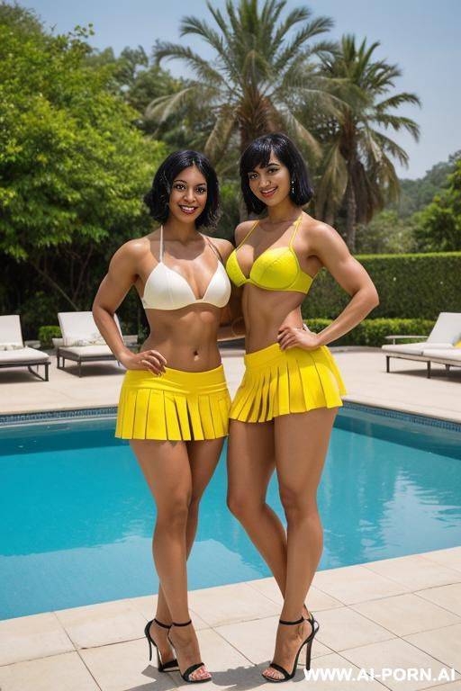 indians, short curly hair, bangs, fit, abs, muscles, navel piercing, big ass, lime bra, yellow skirt, tall, looking at camera, full body, stiletto, 2 women next to each other, sunbag - #main