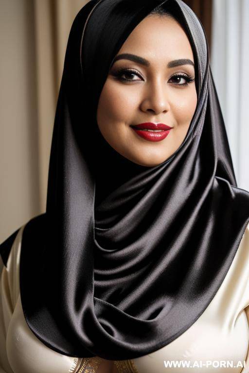 indonesian, fashioned black silk hijab, wearing fashioned silk hijab, close up face. seductive romantic smile face. at night - #main