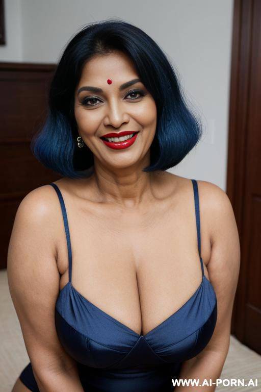 a beautiful gilf woman, mature bold housewife, no bindi, dark red lipstick, horny face, keep face, seductive pose - #main