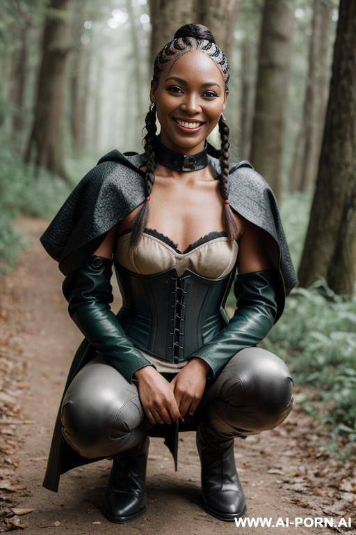 eye contact leather corset green knee breeches ankle boots grey cloak forest path - #main