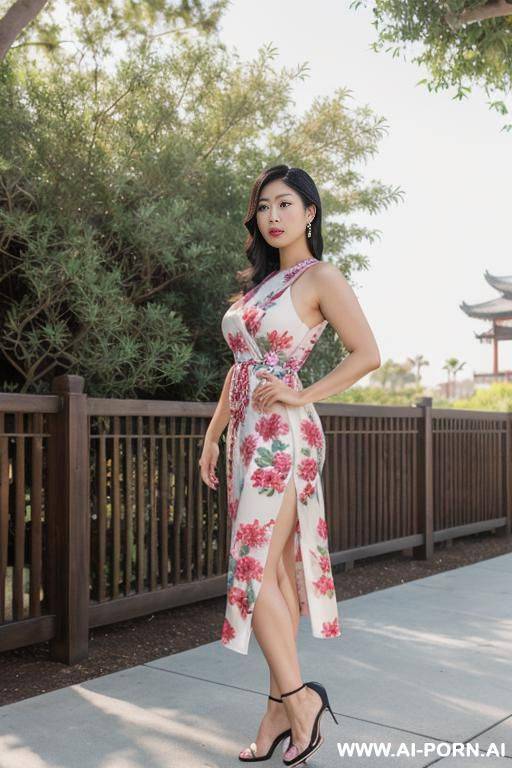 asian woman, ((detailed face)), (detailed eyes), massive hips, wearing a long beach dress, wearing high heels, posing outdoors, k uhd, dslr, soft lighting, high quality, film grain, fujifilm xt3, hasselblad, gigapixel. - #main