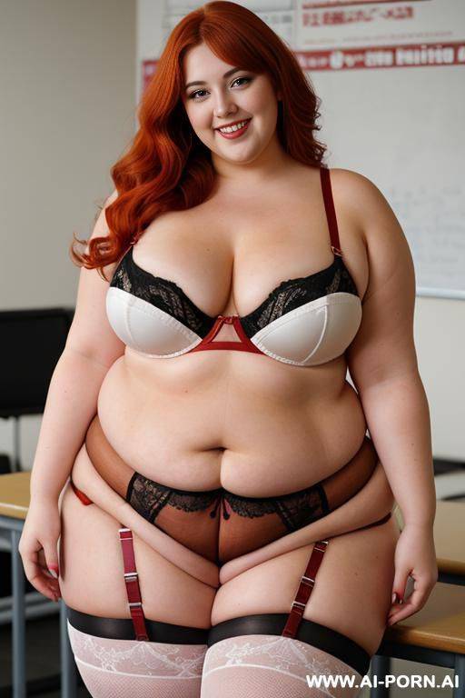 full body photo shot, about at classroom, very fat bbw with love handless and tummy, very thick body, voluptuos, wearing a sexy and hot red garter belt lingeries. - #main