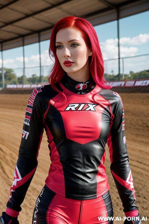 woman tight motocross outfit red black bleachers red - #main