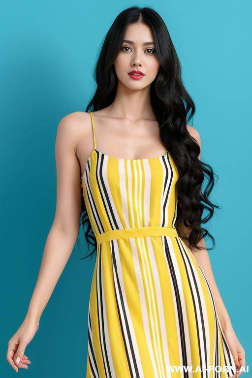 woman long hair short yellow blue striped dress yellow blue background - #main