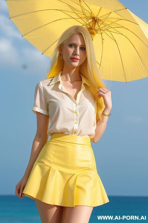 woman long hair yellow skirt blue short blouse yellow umbrella yellow blue background - #main