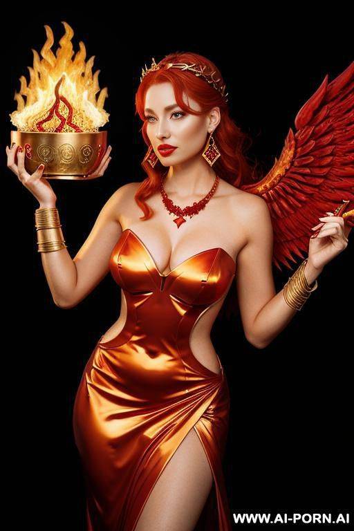 (((goddess of fire))), red hair, fire wings, strapless red dress, ruby necklace, ruby earrings, gold shoulder armor, gold bracelets - #main